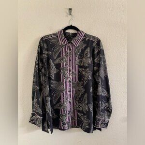 Johnny Was Womens  Patsie Button-Up Silk Shirt Size Medium Black White